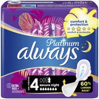 Always Platinum Sanitary Towels with Comfort Lock Wings Size 4, 5 Τεμάχια - Σερβιέτες Πολύ Μεγάλου Μεγέθους με Φτερά για Άνεση & Προστασία Κατά τη Διάρκεια της Νύχτας 