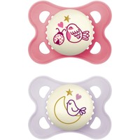 Mam Original Night Silicone Soother 2-6m 2 Τεμάχια, Κωδ 110SGc - Ροζ / Λιλά - Ορθοδοντική Πιπίλα Σιλικόνης που Λάμπει στο Σκοτάδι με Θήκη Μεταφοράς