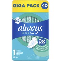 Always Giga Pack Ultra Normal Sanitary Towels with Wings Size 1, 40 Τεμάχια - Σερβιέτες με Φτερά Κανονικού Μεγέθους για Άμεση Απορρόφηση & Εξουδετέρωση Οσμών
