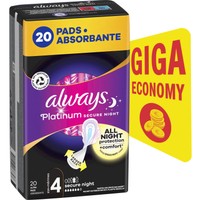 Always Promo Platinum Secure Night Size 4, 20 Τεμάχια - Σερβιέτες Μεγάλου Μεγέθους με Φτερά για Άνεση & Προστασία Κάθε Νύχτα