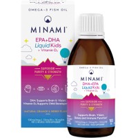 Minami EPA + DHA Liquid Kids + Vitamin D3 100ml - Συμπλήρωμα Διατροφής Πλούσιο σε Ω3 Λιπαρά Οξέα Υψηλής Καθαρότητας & Συγκέντρωσης με Βιταμίνη D3 για Ομαλή Λειτουργία του Εγκεφάλου & Όρασης, Ενίσχυση του Ανοσοποιητικού & Καλή Υγεία Οστών & Δοντιών για Παιδιά Άνω των 3 Ετών με Γεύση Μούρo & Πορτοκάλι
