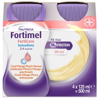 Nutricia Fortimel Forticare Sensations 2,4 kcal/ml Mango/Peach 4x125ml - Πόσιμο Θρεπτικό Σκεύασμα Πλούσιο σε Πρωτεΐνες, Μέταλλα & Ιχνοστοιχεία για την Αντιμετώπιση Προβλημάτων Υποσιτισμού & Δυσθρεψίας που Σχετίζονται με Ασθένεια με Γεύση Δροσιστικό Μάνγκο Ροδάκινο 