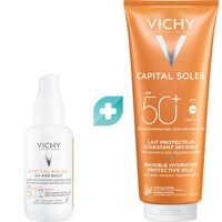 Σετ Vichy Capital Soleil UV-Age Daily Anti Photo-Ageing Water Fluid for Face Spf50+ Tinted 40ml & Fresh Protective Milk for Face & Body Spf50+, 300ml - Λεπτόρρευστο Αντηλιακό Προσώπου με Χρώμα, Πολύ Υψηλής Προστασίας, Κατά της Φωτογήρανσης & Αντηλιακό Γαλάκτωμα Προσώπου, Σώματος Πολύ Υψηλής Προστασίας, Κατάλληλο για Ευαίσθητες Επιδερμίδες