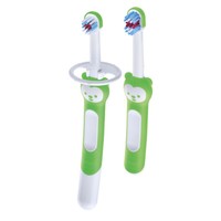 Mam Learn to Brush Set Soft Toothbrush 5m+ Πράσινο 2 Τεμάχια, Κωδ 608 - Βρεφική, Εκπαιδευτική Οδοντόβουρτσα με Μαλακές Ίνες & Ασπίδα Προστασίας