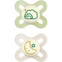 Mam Original Start Night Silicone Soother 0-2m, Κωδ 124SGc 2 Τεμάχια - Πράσινο / Κρεμ - Πολύ Μικρή Πιπίλα Σιλικόνης που Λάμπει στο Σκοτάδι