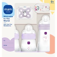 Mam Promo Welcome to the World Newborn Gift Set 0m+ 1 Τεμάχιο - Μωβ - Βρεφικό Σετ με 3 Μπιμπερό & 1 Πιπίλα & 1 Κορδέλα Στήριξης Πιπίλας