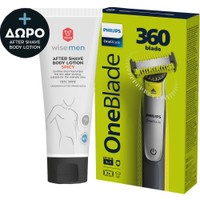 Philips Promo One Blade 360 Κωδ QP2834/23 Shaver & Trimmer 1 Τεμάχιο & Δώρο Vican Wise Men After Shave Body Lotion Spicy 200ml - Μηχανή Ξυρίσματος με Λεπίδα Διπλής Όψης Σχεδιασμένη για Εύκολο Ξύρισμα & Τριμάρισμα των Τριχών Κάθε Μήκους & Ανδρικό Ενυδατικό Γαλάκτωμα Προσώπου - Σώματος για Μετά το Ξύρισμα