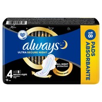 Always Ultra Secure Night Sanitary Towels with Wings Size 4, 18 Τεμάχια - Σερβιέτες με Φτερά για Προστασία Κατά τη Διάρκεια της Νύχτας