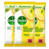 Dettol Πακέτο Προσφοράς Surface Clean Wipes Power & Fresh Citrus 3x40 Τεμάχια - Βιοδιασπώμενα, Αντιβακτηριδιακά Πανάκια Καθαρισμού Πολλαπλών Χρήσεων