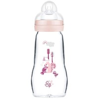 Mam Feel Good Κωδ 377S Premium Glass Bottle 2m+, 260ml - Ροζ - Γυάλινο Μπιμπερό με Επίπεδη, Μαλακή Θηλή Σιλικόνης από 2+ Μηνών