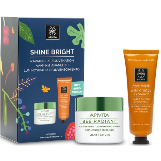 Apivita Box Shine Bright Bee Radiant Cream, Light Texture Κρέμα Αντιγήρανσης & Λάμψης 50ml & Δώρο Face Mask With Orange 50ml Apivita Box Shine Bright Bee Radiant Cream, Light Texture Κρέμα Αντιγήρανσης & Λάμψης 50ml & Δώρο Face Mask With Orange 50ml