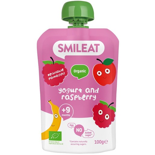 Smileat Organic Yoghurt and Raspberry Pouch 9m+, 100g