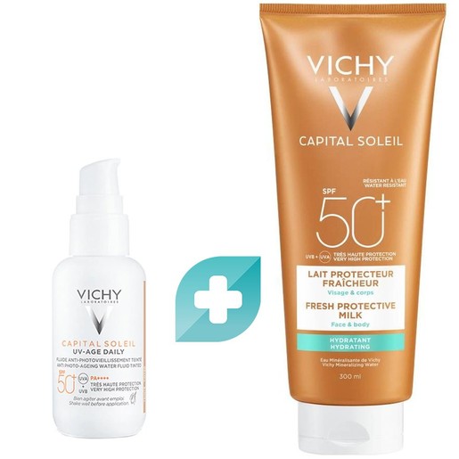 Σετ Vichy Capital Soleil UV-Age Daily Anti Photo-Ageing Water Fluid for Face Spf50+ Tinted 40ml & Fresh Protective Milk for Face & Body Spf50+, 300ml