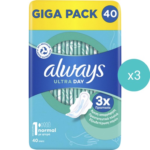 Σετ Always Giga Pack Ultra Normal Sanitary Towels with Wings Size 1, 120 Τεμάχια (3x40 Τεμάχια)