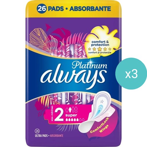 Σετ Always Platinum Sanitary Towels with Comfort Lock Wings Size 2, 78 Τεμάχια (3x26 Τεμάχια)