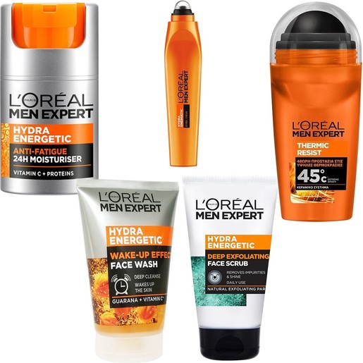 Σετ L\'Oreal Paris Men Expert Hydra Energetic Anti Tiredness 24H Moisturiser 50ml & Wake-Up Effect Face Wash 100ml & Face Scrub 100ml & Eye Roll on 10ml & Thermic Resist 48H Roll-on Deo 50ml
