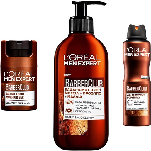 Σετ L\'Oreal Paris Men Expert Barber Club Beard & Skin Moisturiser 50ml & Face & Hair Wash Gel 200ml & 48h Protective Body Spray 150ml