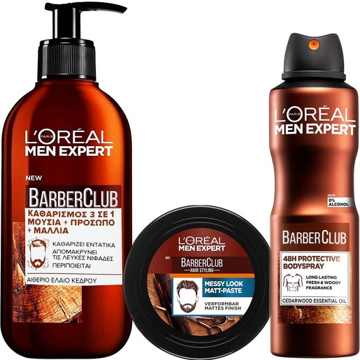 Σετ L\'Oreal Paris Men Expert Barber Club Beard, Face & Hair Wash Gel 200ml & Messy Hair Molding Clay 75ml & 48h Protective Body Spray 150ml