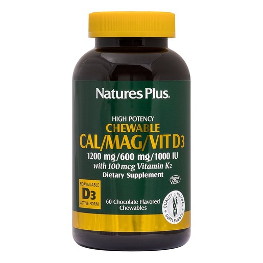 Nature\'s Plus CAL/MAG Vitamin D & Vitamin K2 Chocolate Συμπλήρωμα Διατροφής για την Υγεία των Οστών 60 Μασώμενες Ταμπλέτες Nature\'s Plus CAL/MAG Vitamin D & Vitamin K2 Chocolate Συμπλήρωμα Διατροφής για την Υγεία των Οστών 60 Μασώμενες Ταμπλέτες