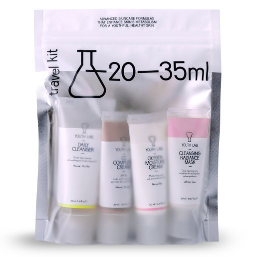 YOUTH LAB Travel Kit for Normal Skin Daily Cleans. 35ml, Cleans. Radiance Mask 20ml, CC Complete Cr. 20ml, Oxygen Moist. Cr 20ml YOUTH LAB Travel Kit for Normal Skin Daily Cleans. 35ml, Cleans. Radiance Mask 20ml, CC Complete Cr. 20ml, Oxygen Moist. Cr 20ml