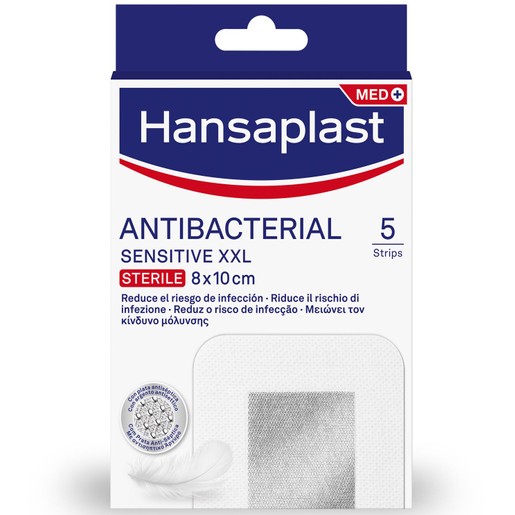 Hansaplast Antibacterial XXL Sensitive Sterile 8 x 10cm Αντιμικροβιακά Επιθέματα Sensitive XXL 5τμχ Hansaplast Antibacterial XXL Sensitive Sterile 8 x 10cm Αντιμικροβιακά Επιθέματα Sensitive XXL 5τμχ