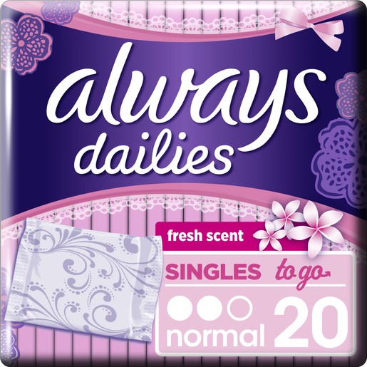 Always Dailies Singles to go Fresh Scent Normal Λεπτά, Διακριτικά Σερβιετάκια για Φρεσκάδα που Διαρκεί 20 Τεμάχια Always Dailies Singles to go Fresh Scent Normal Λεπτά, Διακριτικά Σερβιετάκια για Φρεσκάδα που Διαρκεί 20 Τεμάχια