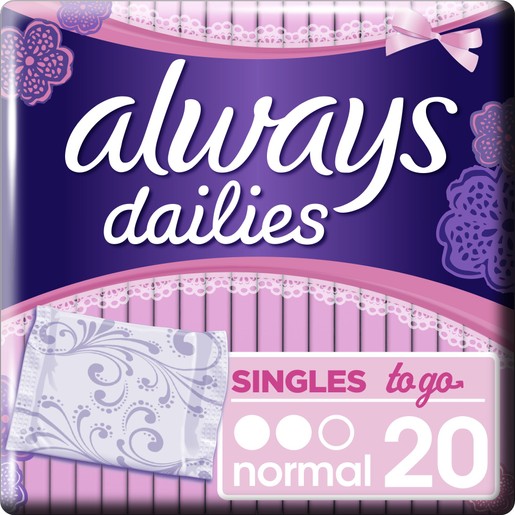 Always Dailies Singles to go Normal Λεπτά, Διακριτικά Σερβιετάκια 20 Τεμάχια Always Dailies Singles to go Normal Λεπτά, Διακριτικά Σερβιετάκια 20 Τεμάχια