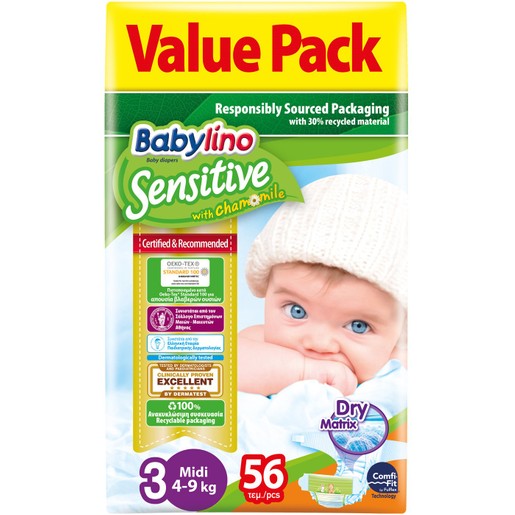 Babylino Sensitive Value Pack Midi No3 (4-9kg) Βρεφικές Πάνες 56 τεμάχια Babylino Sensitive Value Pack Midi No3 (4-9kg) Βρεφικές Πάνες 56 τεμάχια