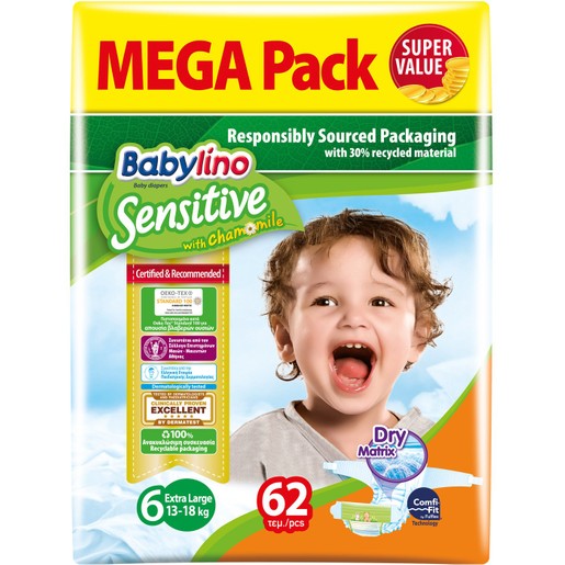 Babylino Sensitive Mega Pack Extra Large Νο6 (13-18kg) Παιδικές Πάνες 62 τεμάχια