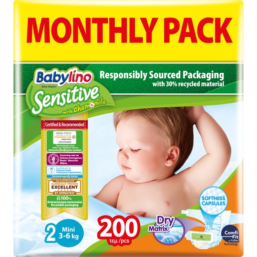 Babylino Sensitive Monthly Pack Mini Νο2 (3-6kg) Βρεφικές Πάνες 200 τεμάχια Babylino Sensitive Monthly Pack Mini Νο2 (3-6kg) Βρεφικές Πάνες 200 τεμάχια