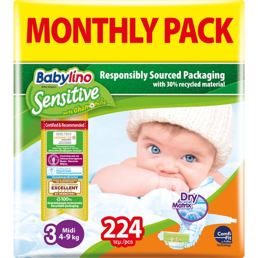 Babylino Sensitive Monthly Pack Midi Νο3 (4-9kg) Βρεφικές Πάνες 224 τεμάχια Babylino Sensitive Monthly Pack Midi Νο3 (4-9kg) Βρεφικές Πάνες 224 τεμάχια