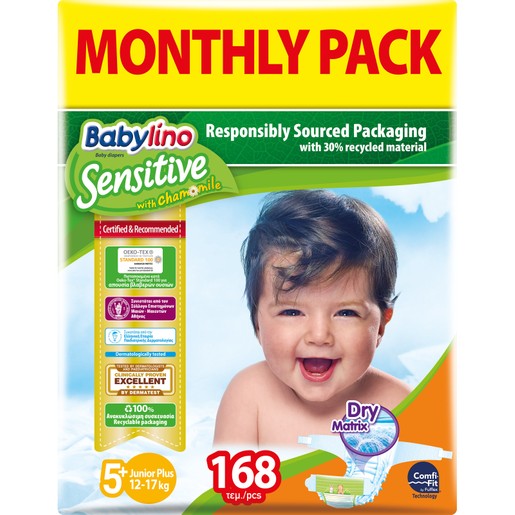 Babylino Sensitive Monthly Pack Junior Plus Νο5+ (12-17kg) Παιδικές Πάνες 168 τεμάχια Babylino Sensitive Monthly Pack Junior Plus Νο5+ (12-17kg) Παιδικές Πάνες 168 τεμάχια