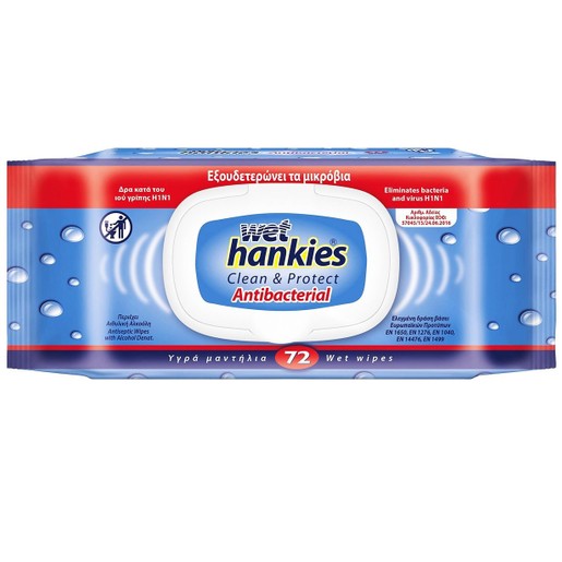 Wet Hankies Clean & Protect Antibacterial Υγρά Αντιβακτηριδιακά Μαντηλάκια 72τμχ