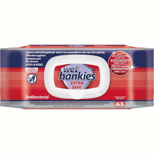 Wet Hankies Extra Safe Antibacterial Αντισηπτικά Μαντηλάκια που Δρουν Κατά των Μικροβίων & των Ιών Γρίπης 63 Τεμάχια