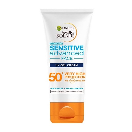 Garnier Ambre Solaire Sensitive Advanced Face UV Gel Cream Spf50+ Protects & Hydrates 50ml