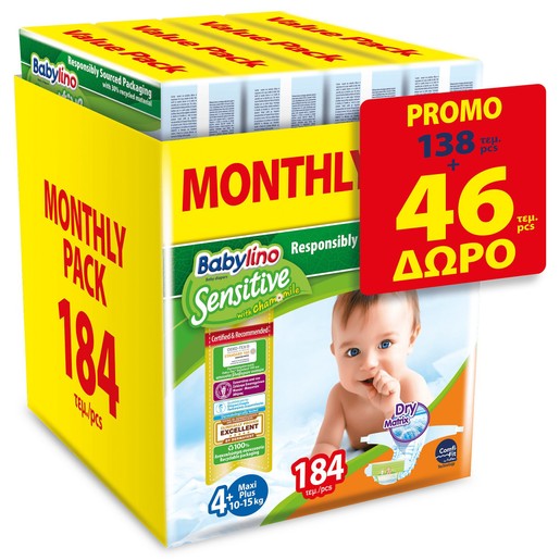 Babylino Sensitive Monthly Pack Maxi Plus Νο4+ (10-15kg) Βρεφικές Πάνες 184 τεμάχια Babylino Sensitive Monthly Pack Maxi Plus Νο4+ (10-15kg) Βρεφικές Πάνες 184 τεμάχια