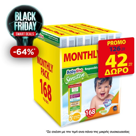 Babylino Sensitive Monthly Pack Junior Plus Νο5+ (12-17kg) Παιδικές Πάνες 168 τεμάχια Babylino Sensitive Monthly Pack Junior Plus Νο5+ (12-17kg) Παιδικές Πάνες 168 τεμάχια