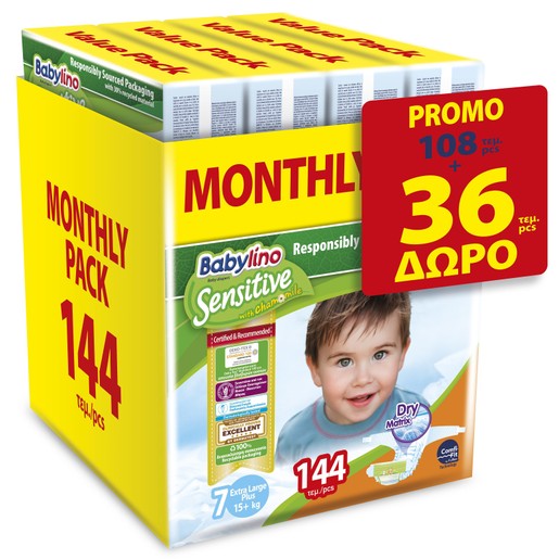 Babylino Sensitive With Chamomile Monthly Pack Extra Large Plus Νο7 (15+ kg) Παιδικές Πάνες 144 Τεμάχια Babylino Sensitive With Chamomile Monthly Pack Extra Large Plus Νο7 (15+ kg) Παιδικές Πάνες 144 Τεμάχια
