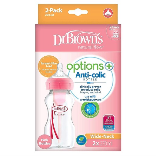 Dr. Brown\'s Natural Flow Options Anti-Colic Πλαστικό Μπιμπερό με Φαρδύ Λαιμό & Θηλή Σιλικόνης Ροζ Χρώμα 2x270ml WB 92601