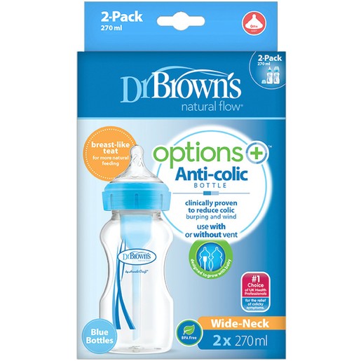 Dr. Brown’s Promo Natural Flow Options+ Anti-Colic Wide Neck Blue Bottle 0+m, 2x270ml Dr. Brown’s Promo Natural Flow Options+ Anti-Colic Wide Neck Blue Bottle 0+m, 2x270ml