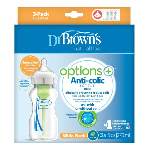 Dr. Brown\'s Natural Flow Options Anti-Colic Πλαστικό Μπιμπερό με Φαρδύ Λαιμό & Θηλή Σιλικόνης Μπλε Χρώμα 3x270ml WB 93600 Dr. Brown\'s Natural Flow Options Anti-Colic Πλαστικό Μπιμπερό με Φαρδύ Λαιμό & Θηλή Σιλικόνης Μπλε Χρώμα 3x270ml WB 93600
