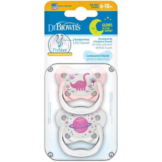 Dr. Brown’s PreVent Glow in the Dark Orthodontic Silicone Soother 6-18m, 2 Τεμάχια - Ροζ / Διάφανο