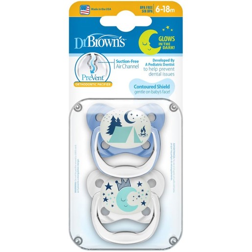 Dr. Brown’s PreVent Glow in the Dark Orthodontic Silicone Soother 6-18m, 2 Τεμάχια - Μπλε / Διάφανο