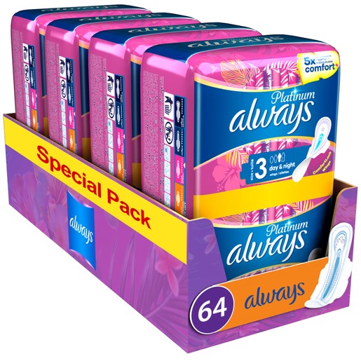 Always Promo Multi-Pack Platinum Sanitary Towels with Comfort Lock Wings Size 3, 64 Τεμάχια