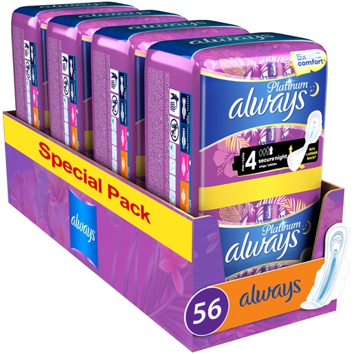 Always Promo Multi-Pack Platinum Sanitary Towels with Comfort Lock Wings Size 4, 56 Τεμάχια