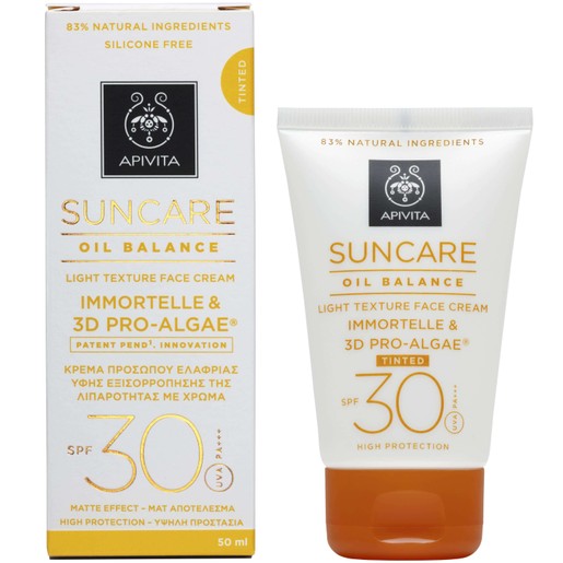 Suncare Oil Balance Light Texture Tinted Face Cream With Immortelle-3D Pro-Algae Spf30, 50ml - Apivita Suncare Oil Balance Light Texture Tinted Face Cream With Immortelle-3D Pro-Algae Spf30, 50ml - Apivita