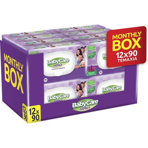 BabyCare Familly Raspberry Wipes Monthly Box 1080 Τεμάχια (12x90 Τεμάχια)