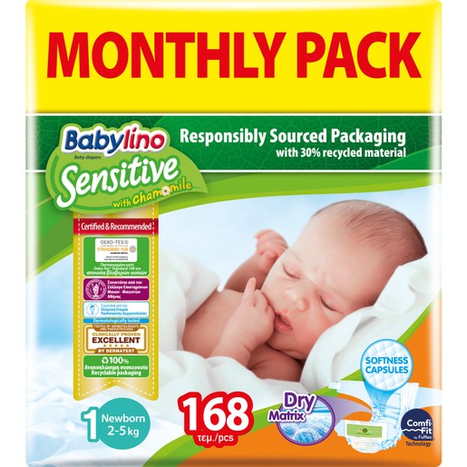 Babylino Sensitive Monthly Pack Newborn Νο1 (2-5kg) Βρεφικές Πάνες 168 τεμάχια Babylino Sensitive Monthly Pack Newborn Νο1 (2-5kg) Βρεφικές Πάνες 168 τεμάχια