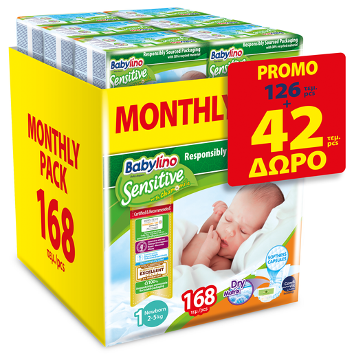 Babylino Sensitive Monthly Pack Newborn Νο1 (2-5kg) Βρεφικές Πάνες 168 τεμάχια Babylino Sensitive Monthly Pack Newborn Νο1 (2-5kg) Βρεφικές Πάνες 168 τεμάχια