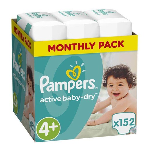 Pampers Active Baby Dry Monthly Pack No4+ Maxi Plus (9-16Kg) 152 πάνες, μόνο 0,20 € / πάνα Pampers Active Baby Dry Monthly Pack No4+ Maxi Plus (9-16Kg) 152 πάνες, μόνο 0,20 € / πάνα